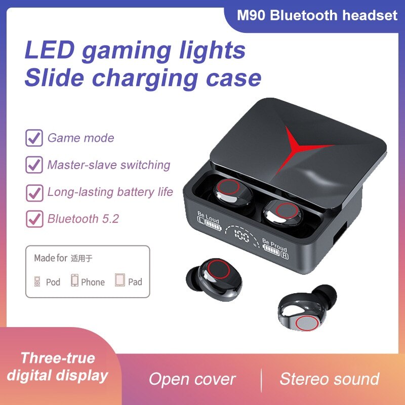 M90 Fones De Ouvido Bluetooth Capa Deslizante, Estojo De Carregamento, Luzes Conduzidas Para Jogos, Som 3D, Longa Duração Da Bateria, Modo De Jogo, Conexão Instantânea