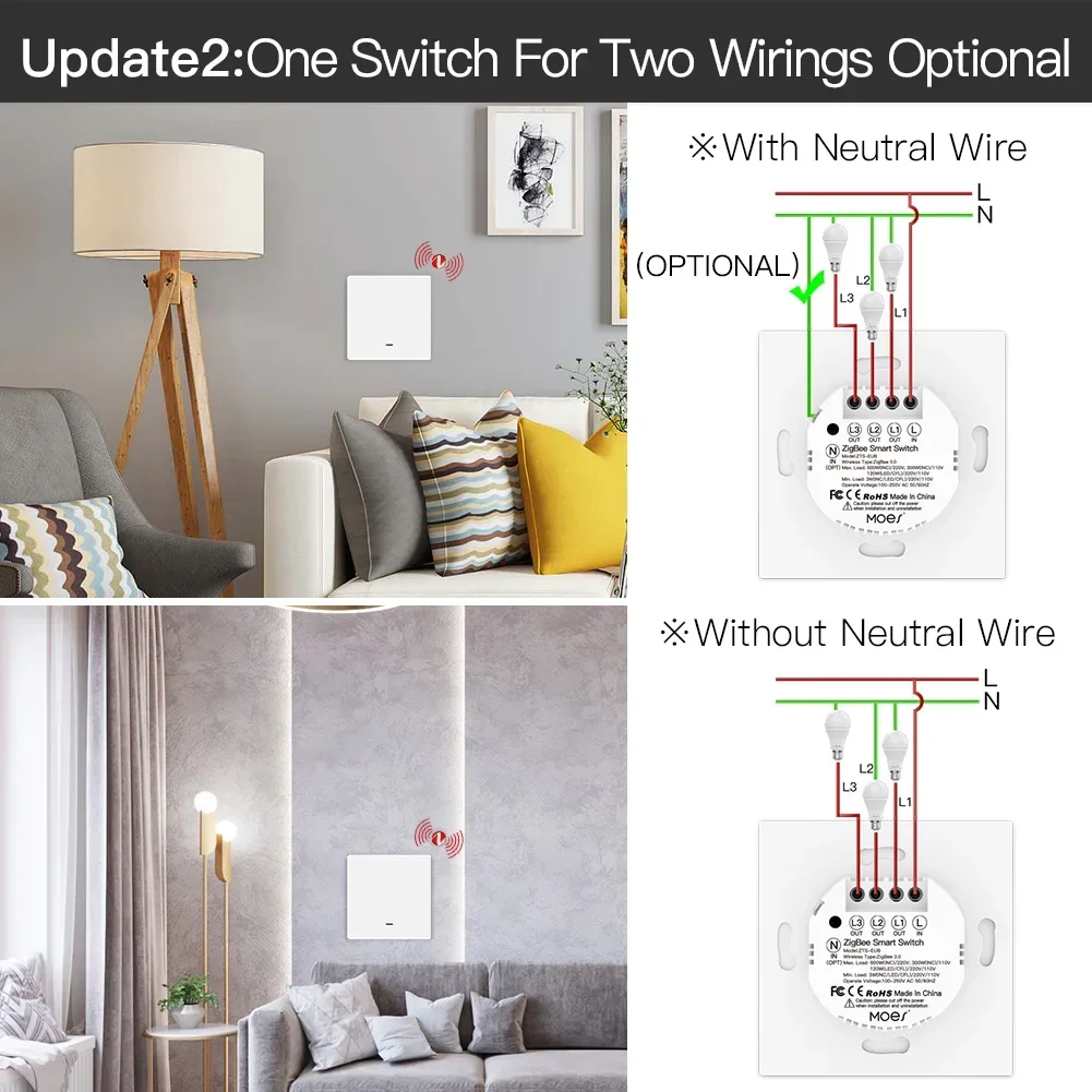 MOES interruptor de luz inteligente Tuya ZigBee sin cable neutro No necesita condensador Smart Life 2/3 vías funciona con Alexa Google 2mqtt