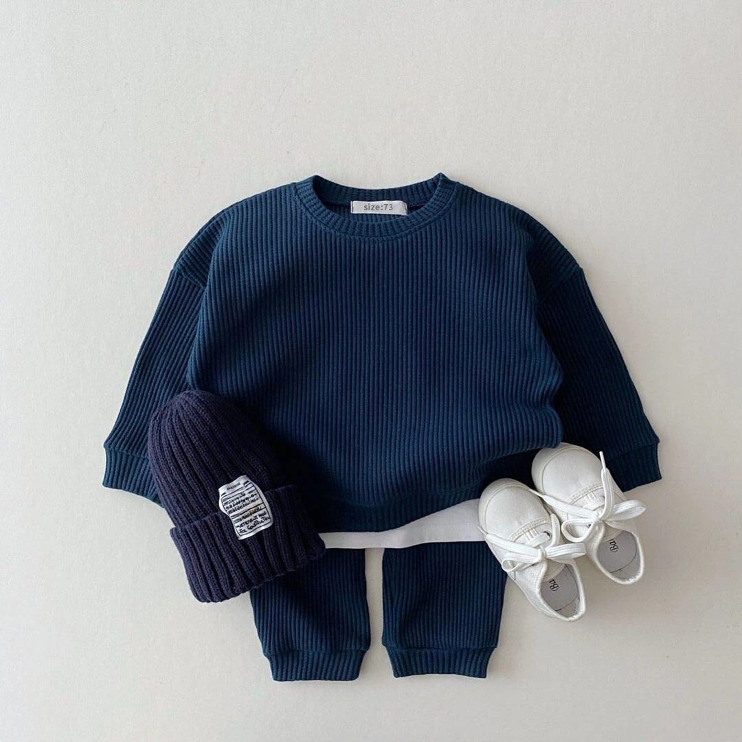 Conjuntos de ropa para bebés pequeños de Corea, conjunto de ropa para bebés, sudadera de algodón de gofre de dos piezas simulada + Pantalones, traje de 2 uds., 2024