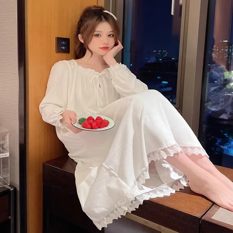 Camisola estilo princesa de manga comprida solta tamanho grande pode ser usada fora da casa usar pijamas femininos de verão renda branca coreia