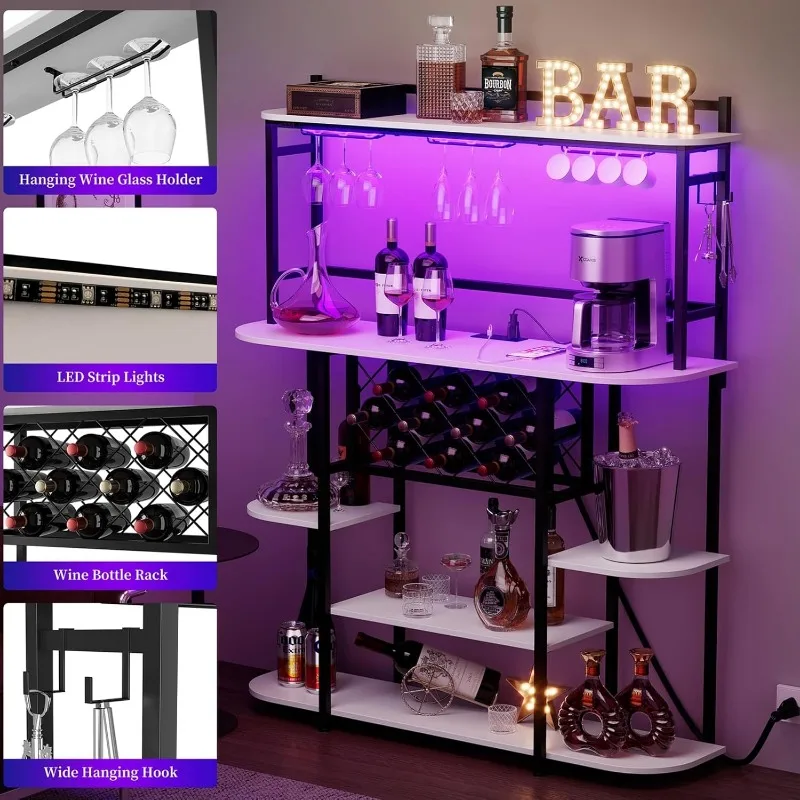 Bar Table Cabinet with Power Outlets, LED Lights, 47in Home Bar Cabinet with Wine Racks, Glass Holder 5-Tier Metal