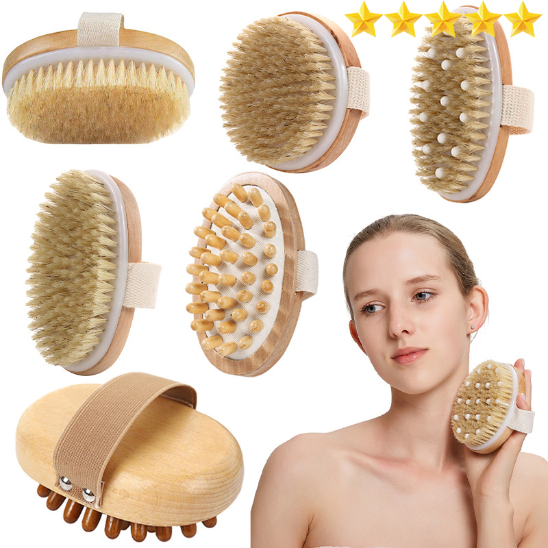 Clearance_Wood Handborstel Exfoliërende badborstel Droge en natte badborstel Airbag Massager Varken Bakkebaarden Scrub Brush_Continuous up