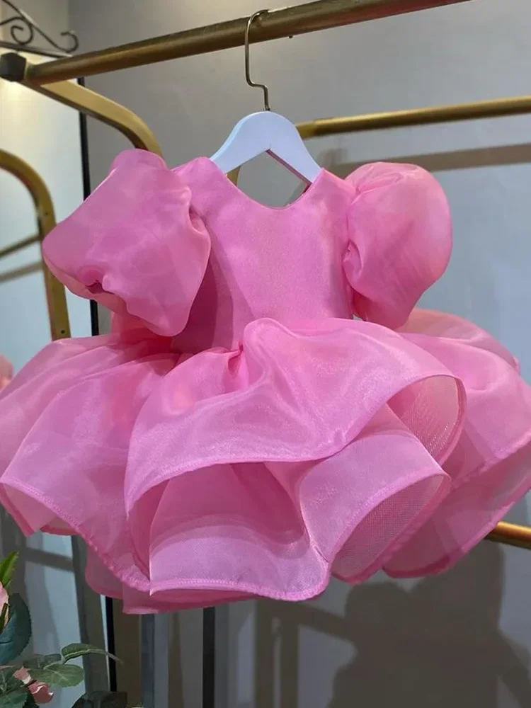 หรูหราชุดสาวดอกไม้ Rose Red Bubble Sleeve Party เสื้อผ้าเด็กน่ารักวันเกิดชุดชุดแต่งงานเสื้อผ้า