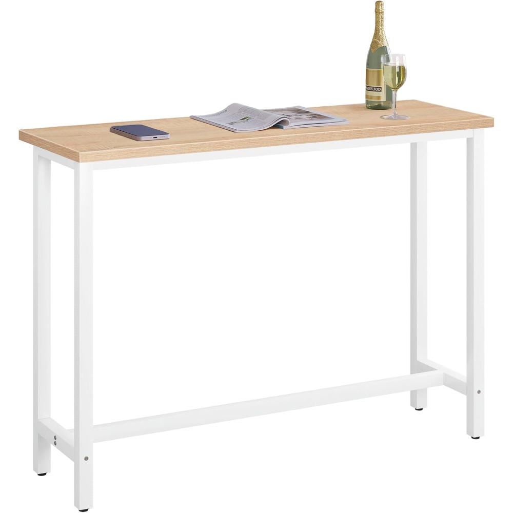 Mesa de bar, mesa de bistró, mesa de comedor, estructura de metal, MDF, 140x40x100 cm, roble + blanco
