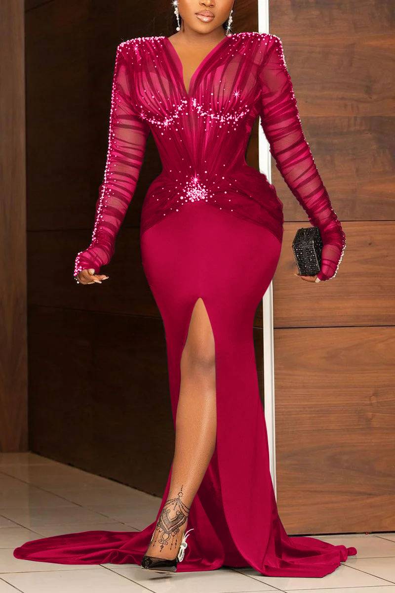 Abendkleid für Damen, Übergröße, Pailletten, schmal, Paty Club, elegant, langärmelig, gerüscht, Strass, Perlendekor, Schlitz, Schleppe, Maxikleid