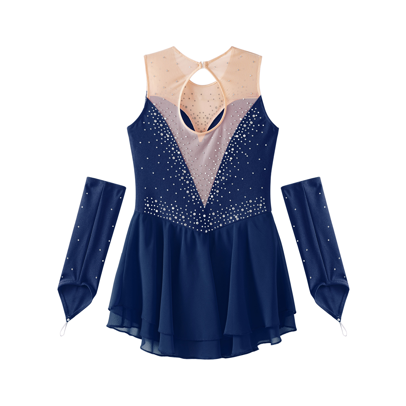 Künstlerisches Eiskunstlauf-Tanzkleid für Kinder, Mädchen, mit Handschuhen, glänzenden Strasssteinen, Rhythmus-Gymnastik-Trikot, lyrisches Ballett-Tutu-Kleid