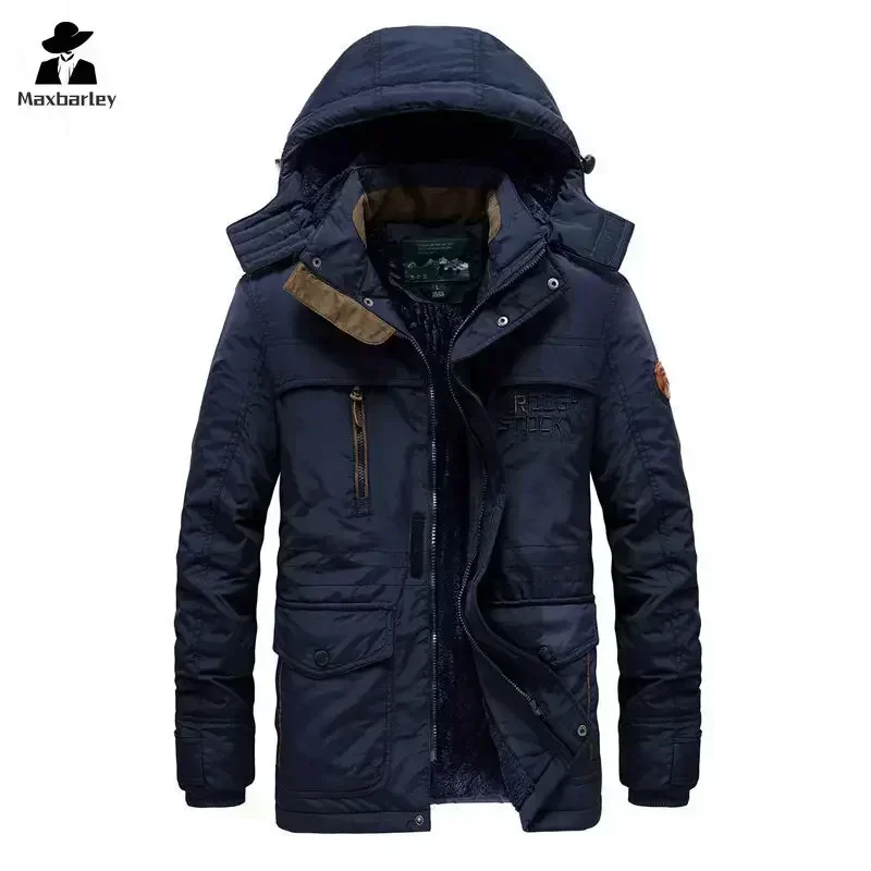 Parka de inverno masculino com vários bolsos, forro de lã espessada, jaqueta acolchoada à prova de frio, acampamento ao ar livre, boné removível, casaco quente masculino
