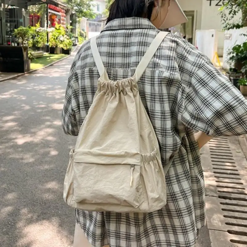 E8FB Trendy Canvas Drawstring Backpack Large Capacity School and Travel Bag for Teens and Adults Solid Color Daypack Book Bag