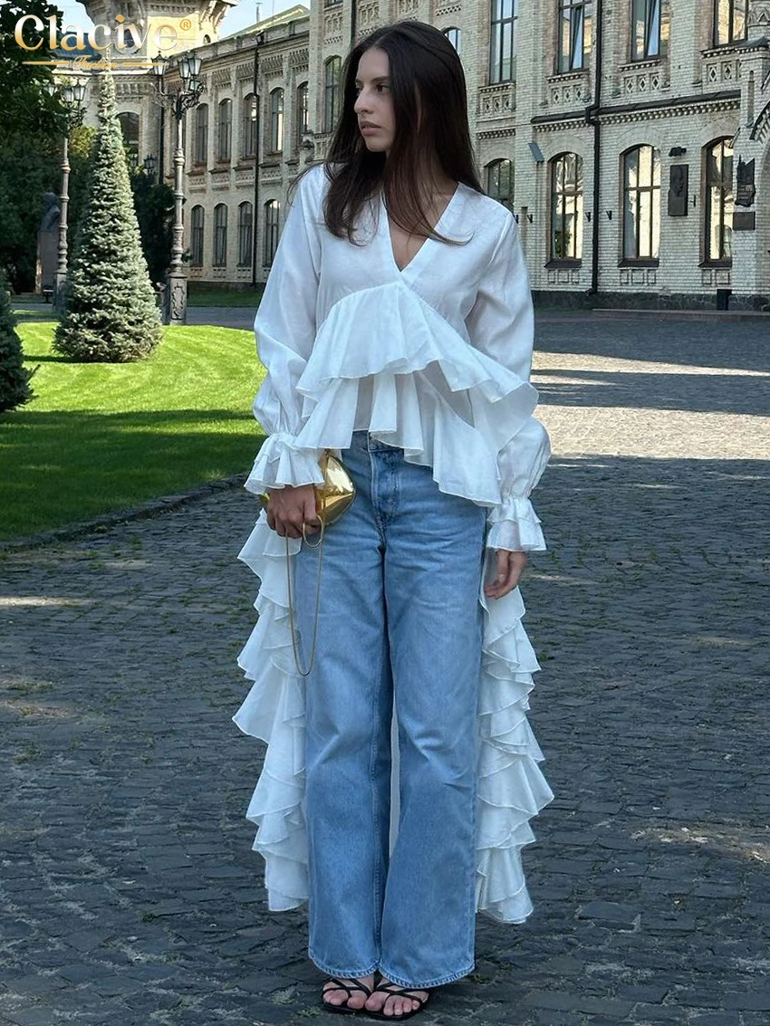 Clacive sexy solto branco camisa feminina 2025 moda com decote em v camisas de manga longa elegante plissado irregular topo roupas femininas