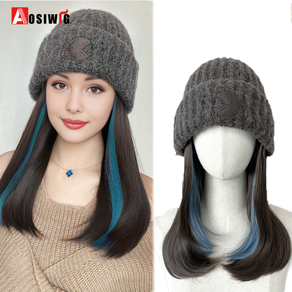 ปิดสีขาวหมวกวิกผม Beanies หมวกวิกผมสําหรับผู้หญิงสังเคราะห์ผมสั้นตรงอบอุ่นสกี Plush ถักฤดูใบไม้ร่วงฤดูหนาวหมวก W