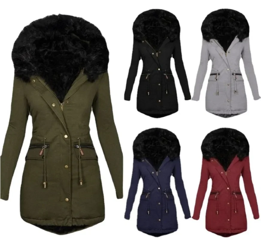 Parkas para mujer Otoño e Invierno Color sólido Cuello de piel con capucha Chaqueta de algodón cálida de longitud media para mujer