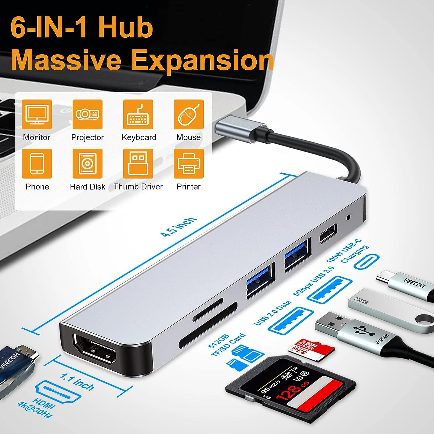 TUTi 6-in-1 USB C Multiport-Adapter für Laptops mit HDMI PD 100 W Stromversorgung SD/TF-Kartenleser USB 3.0 und 2.0-Anschlüssen
