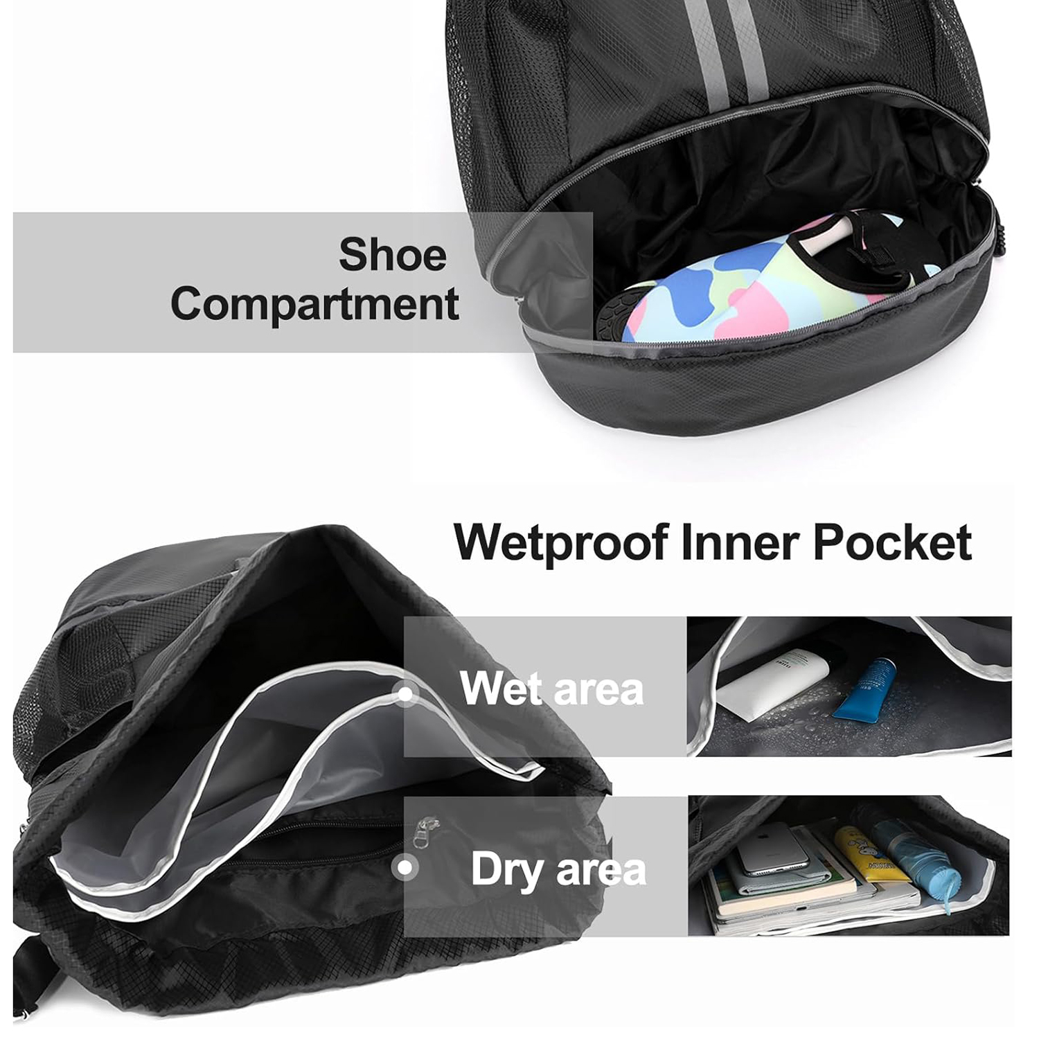 Sports Drawstring Backpack Bag with Shoes Compartment Wet Proof Pocket for Women Men Large Capacity String Swim Gym Sackpack Bag