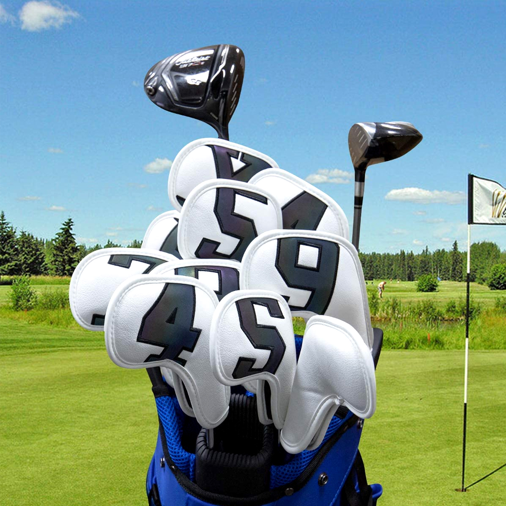 กอล์ฟเหล็กคลับชุด Headcovers เหมาะสำหรับเหล็ก Wedges-ขนาดใหญ่-ยาว-สีดำ/สีขาว Pu หนัง10ชิ้น/แพ็ค