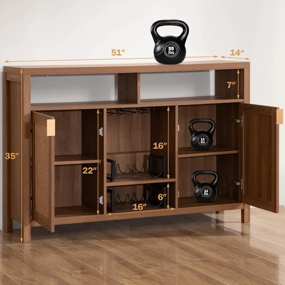 Coffee Bar Cabinet, 51" Rattan Sideboard Buffet Cabinet with Storage, Boho Farmhouse Liquor Cabinet with Wine Racks Credenza