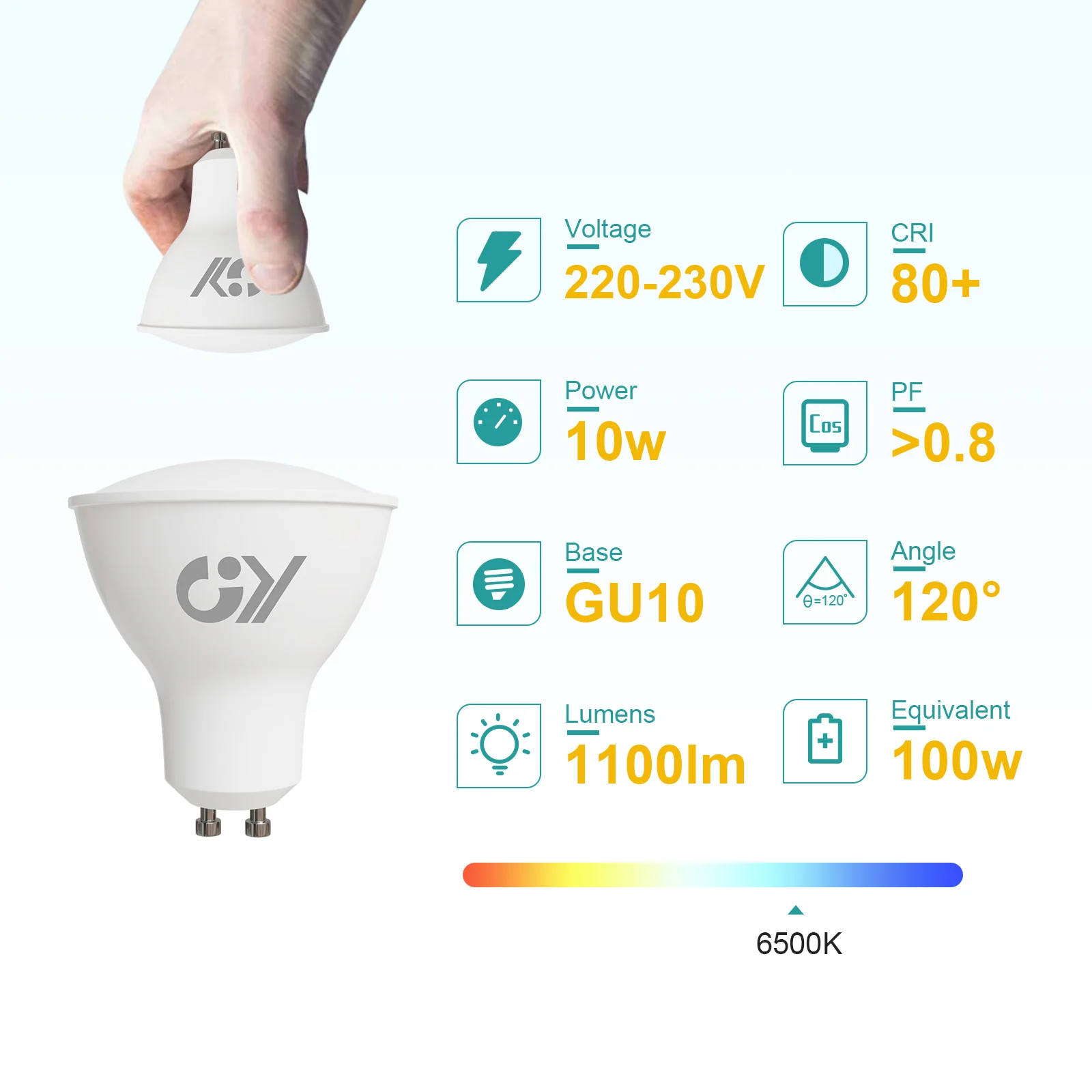 GY GU10 LED Light Bulb 10W 1100 Lumens, 100W Halogen Replacement, 120° Wide Beam Non-dimmable GU10 LED Bulbs