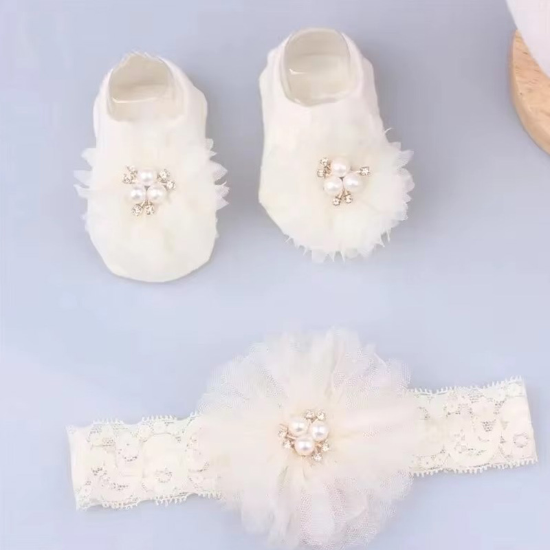 Conjunto de calcetines con diadema para bebé con lazos de perlas, calcetín de algodón antideslizante, banda para el pelo de encaje con flores para recién nacido, turbante, accesorios para el cabello para niña