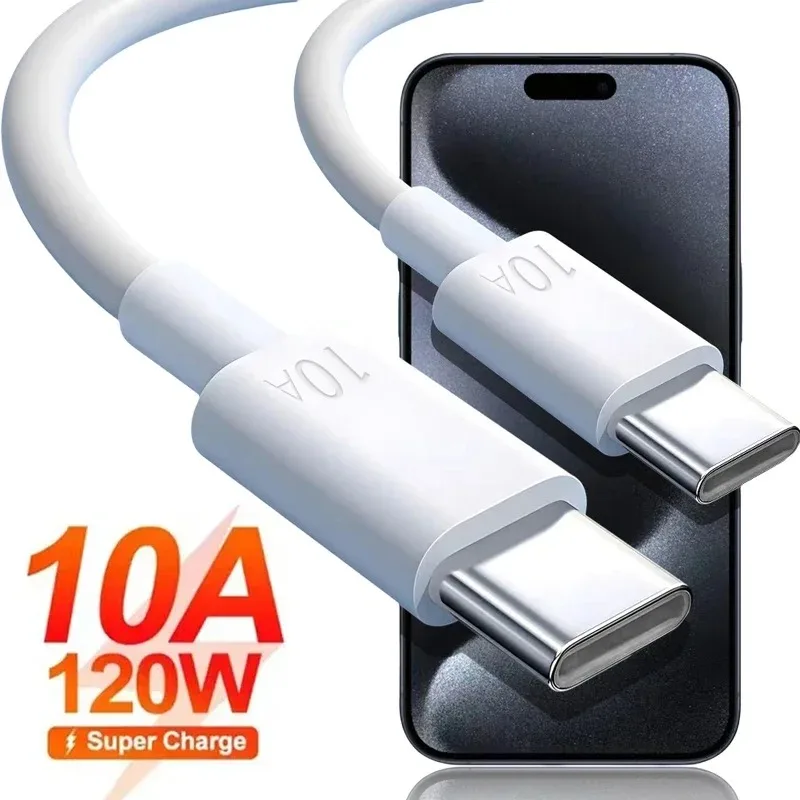 Cable Dual tipo C de 120W, Cable de carga súper rápida PD de 10 A para iPhone, Xiaomi, Huawei, Samsung, teléfono móvil, Cable de datos USB C de alta velocidad