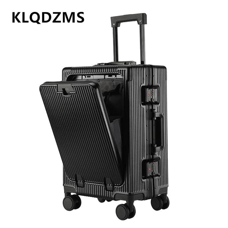 Klqdzms-アルミフレームボードケース、ホイール付き荷物、フロントオープニング、ラップトップトロリー、USB充電、キャビンケース、20インチ、24インチ