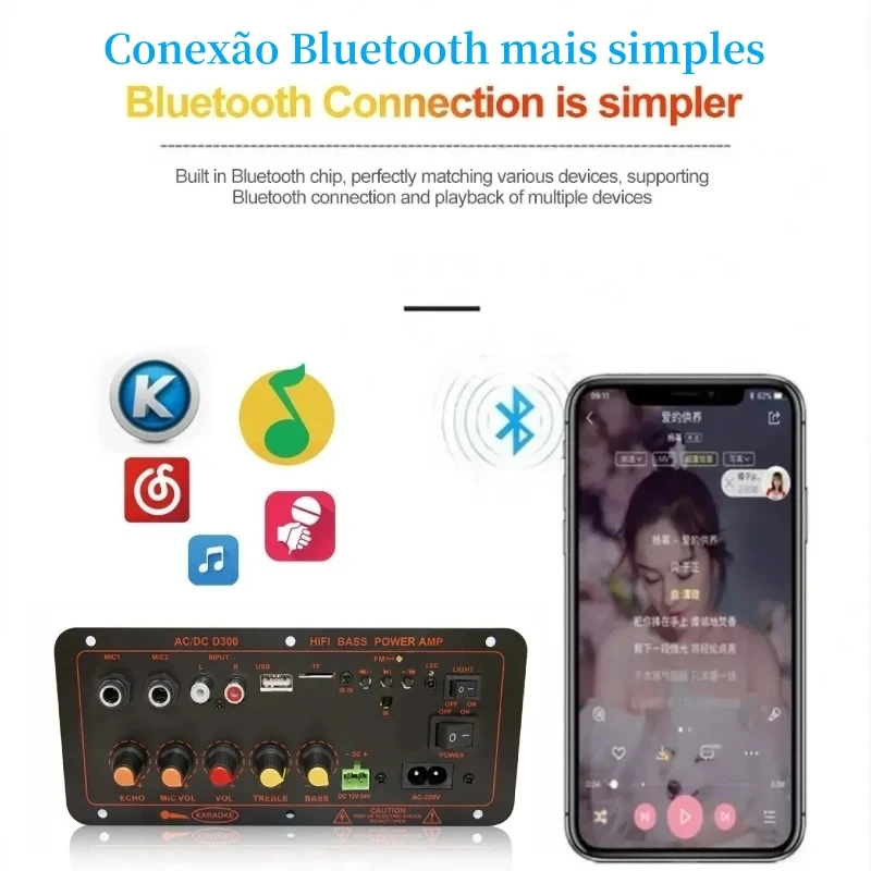 Placa amplificadora de áudio bluetooth 5.0, 600w, subwoofer d300, microfone duplo, módulo amplificador, 12v, 24v, 220v, reprodutor de mídia