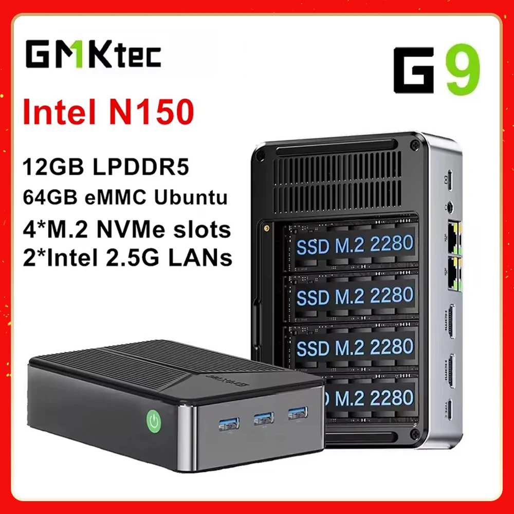 GMKtec G9 NAS Mini PC Intel N150 4-Bay M.2 NVMe Slots Firewall Computer 12G LPDDR5 64GB eMMC Ubuntu 2x2,5G Homelab Server WiFi6