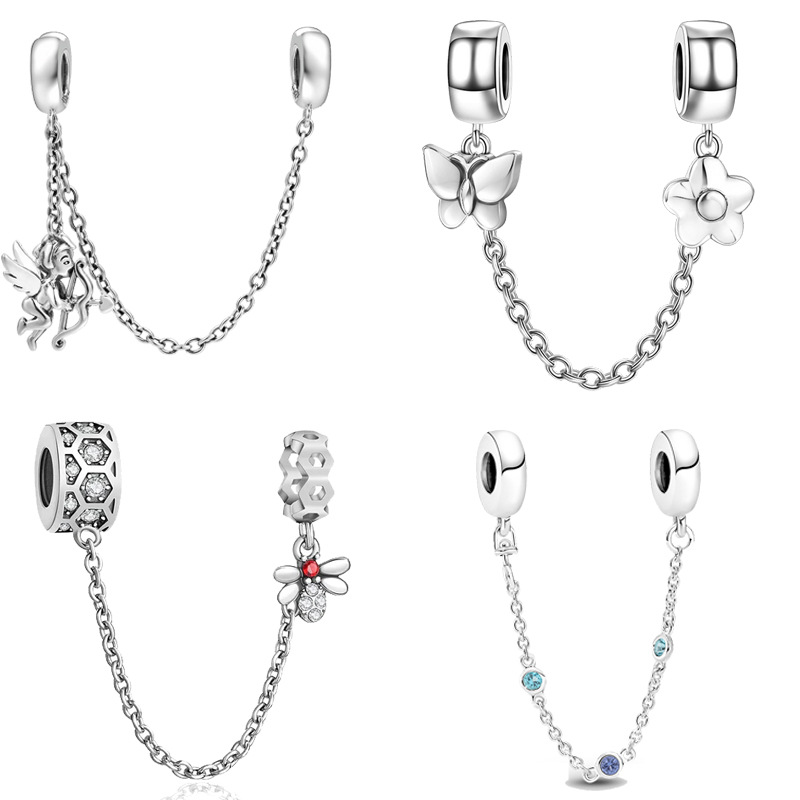 Clear Pavé ห่วงโซ่ความปลอดภัยคลิป Charm 925 เงินสเตอร์ลิง Rose Gold ผู้หญิงเทศกาลเครื่องประดับของขวัญ DIY สร้อยข้อมือจี้