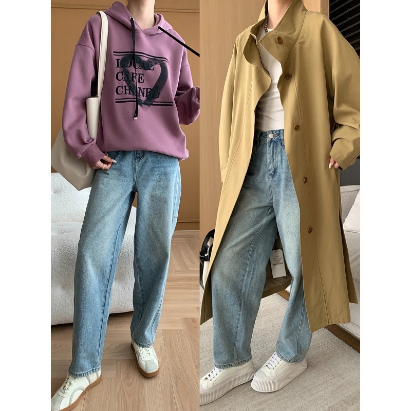 Gebogene, messergeschnittene, lockere Jeans mit weitem Bein, schlankere Herbst-Jeanshose 2024, Herbst