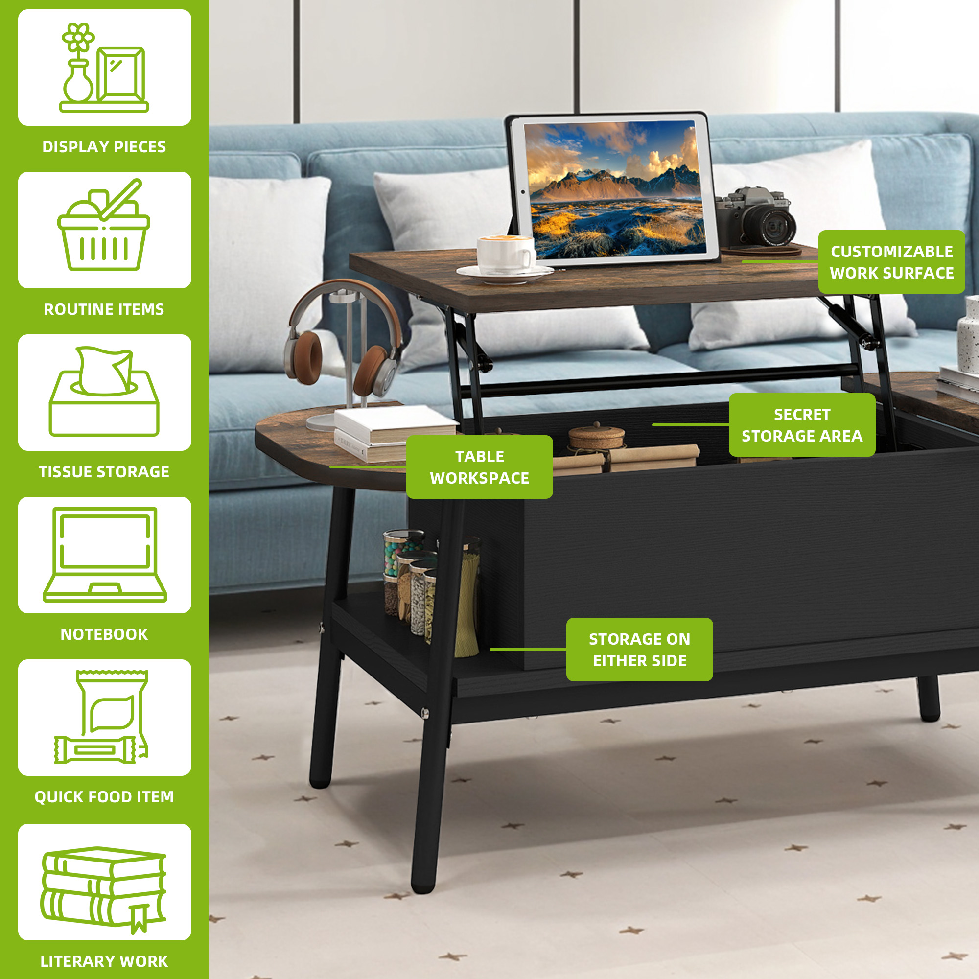 YITAHOME 100 x 50 x 42 cm elliptischer Couchtisch mit Hubplatte – versteckter Stauraum für Wohnzimmer, Heimbüro