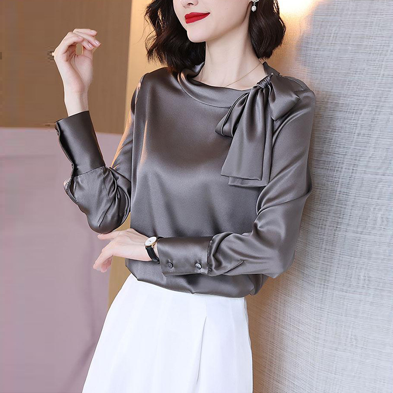 ฤดูร้อนฤดูใบไม้ร่วง Office Lady ซาติน Elegant แฟชั่นโบว์เสื้อผู้หญิงแขนยาว Bottoming Blusa All-Match เสื้อ