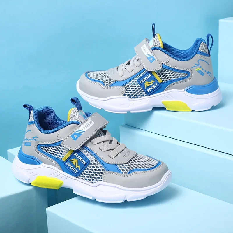 Letnie, oddychające buty sportowe dla chłopców z pojedynczą siatką, dziecięce sneakersy, gumowe buty rekreacyjne, codzienne trampki dla dzieci.