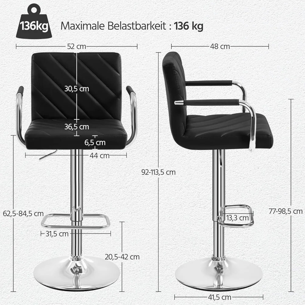 2 taburetes de Bar sillas de Bar giratorias de polipiel altura ajustable con respaldo reposapiés reposabrazos para Bar cocina Hom