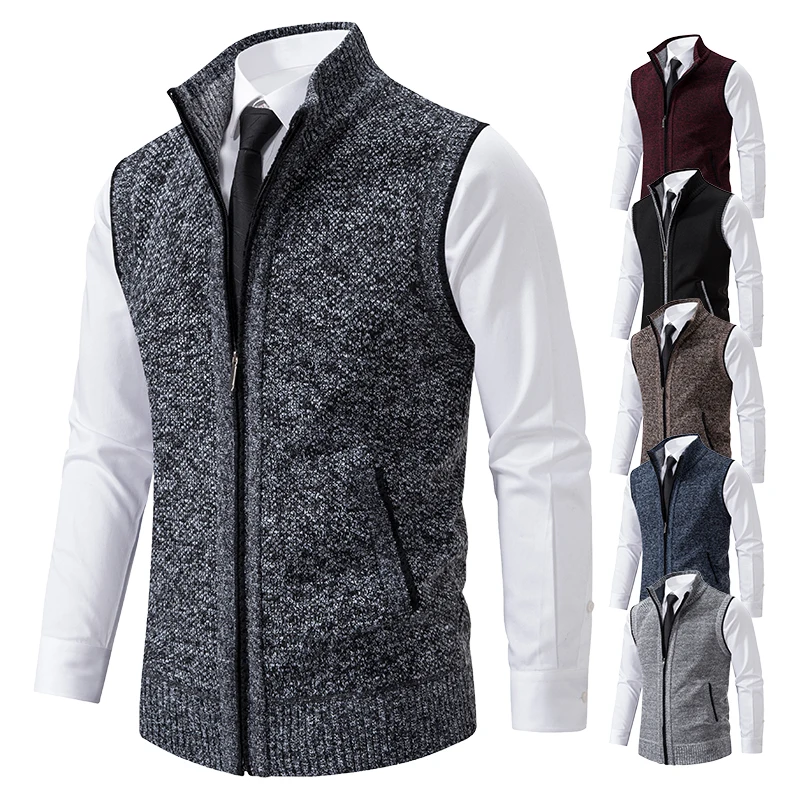 Weste Herren Gestrickter ärmelloser Pullover Wolle Samt Reißverschluss Strickjacke Umlegepullover Rollkragenpullover Strickweste