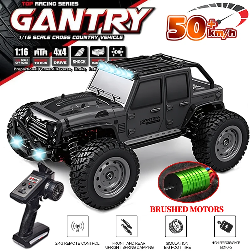Voitures Rc rapides 16103 50 km/h 1/16 tout-terrain 4WD avec phares LED, camion monstre télécommandé étanche 2.4G pour adultes et enfants