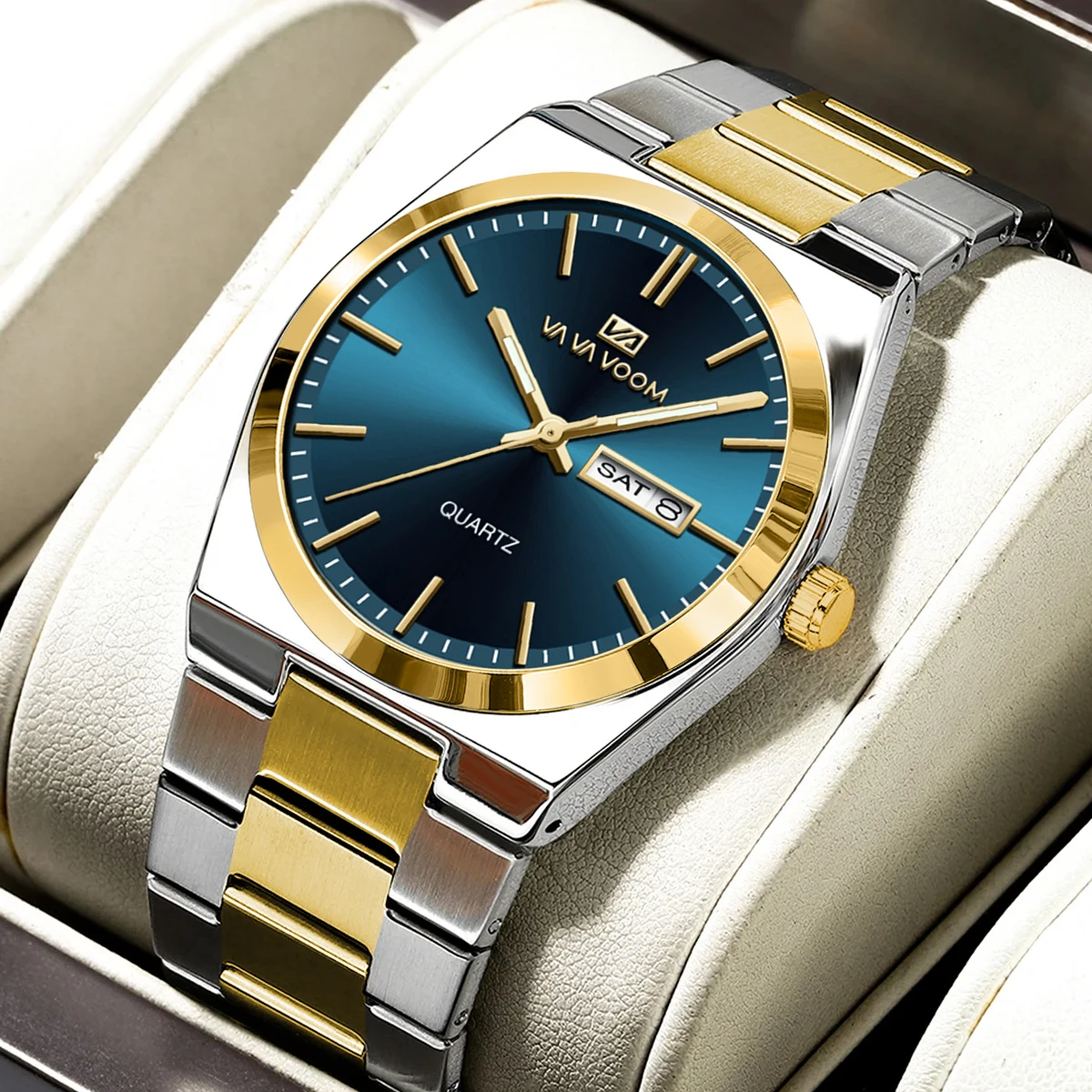 2024 neue Original Herrenuhr 40mm Luxus Blau Gold Zifferblatt Mode Edelstahlarmband Nachtlicht Dual Kalender Quarz Herrenuhr