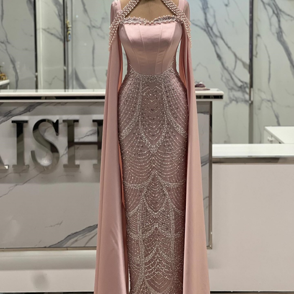 Bella personalizado champanhe frisado com um xale robes de soirée sem alças cetim pérolas vestidos de festa até o chão vestido de baile 2025