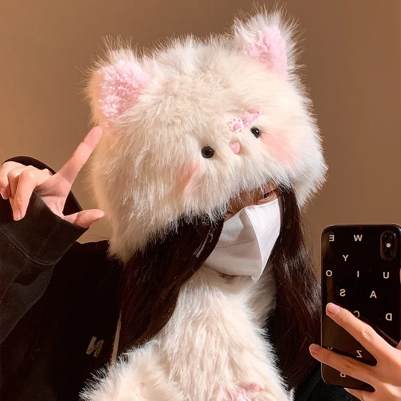 Nuovo simpatico cappello di peluche con gatto a forcina donna autunno inverno calore viso ispessito cappello pullover dimagrante scaldacollo versatile Natale