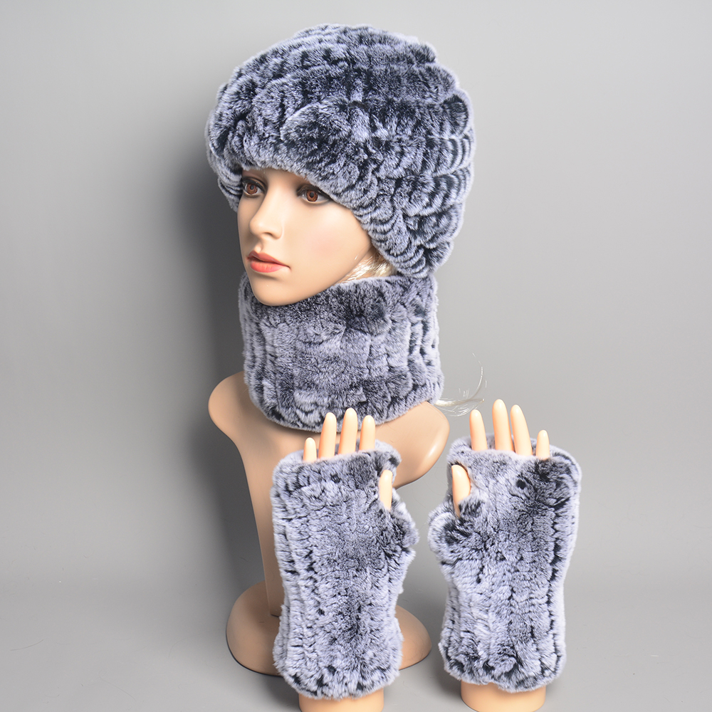 Frauen Winter Stricken Elastizität Echte Rex Kaninchen Pelz Hut Schal Handschuhe Sets Natürliche Warme Rex Kaninchen Pelz Kappe Schals Fäustlinge 3 stück