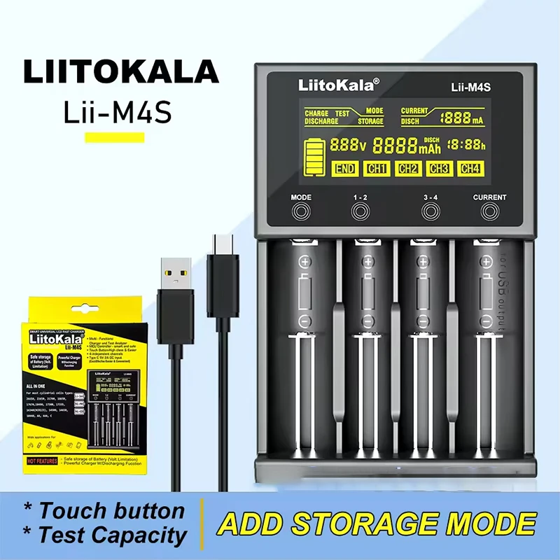 LiitoKala Lii-M4 M4S 18650 จอแสดงผล LCD Smart Charger ทดสอบความจุเหมาะสําหรับ 3.7V 26650 18350 21700 18500 1.2V AA AAA 4 ช่อง