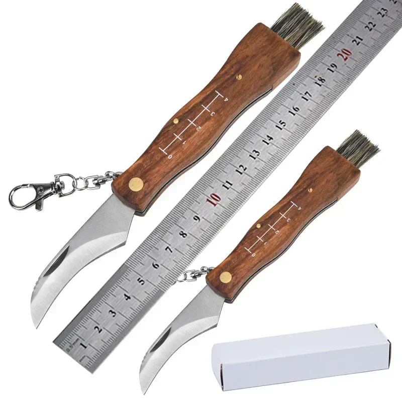 มัลติฟังก์ชั่นสแตนเลสแปรงพับกลางแจ้งมินิเห็ดมีด EDC ไม้ Handle SHARP แคมป์ล่าสัตว์ survival