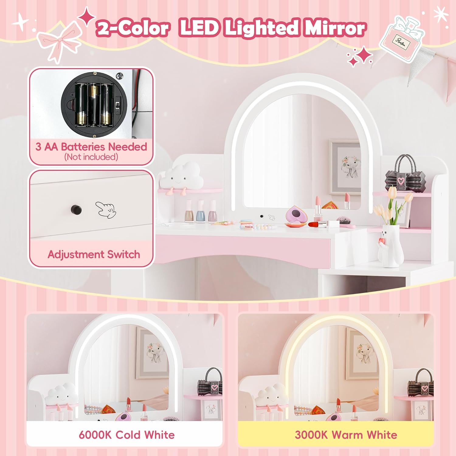 Kids Vanity with Lights, 2-in-1 Makeup Desk & Chair Set with Mirror, White Warm home