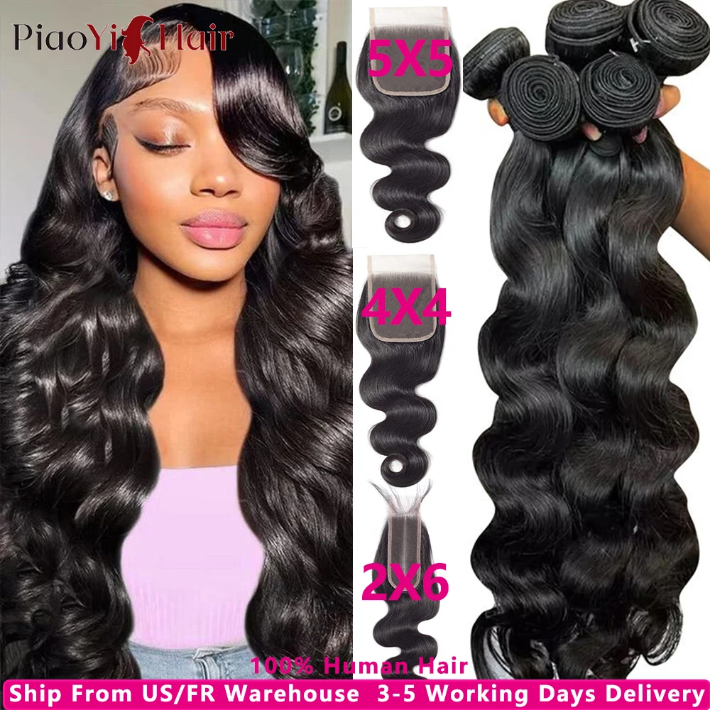 Body Wave Human Hair Bundles With Closure 4x4/5x5 Closure Human Hair 100% Raw Human Hair Weave Extensions 2X6 Middle Part Lace