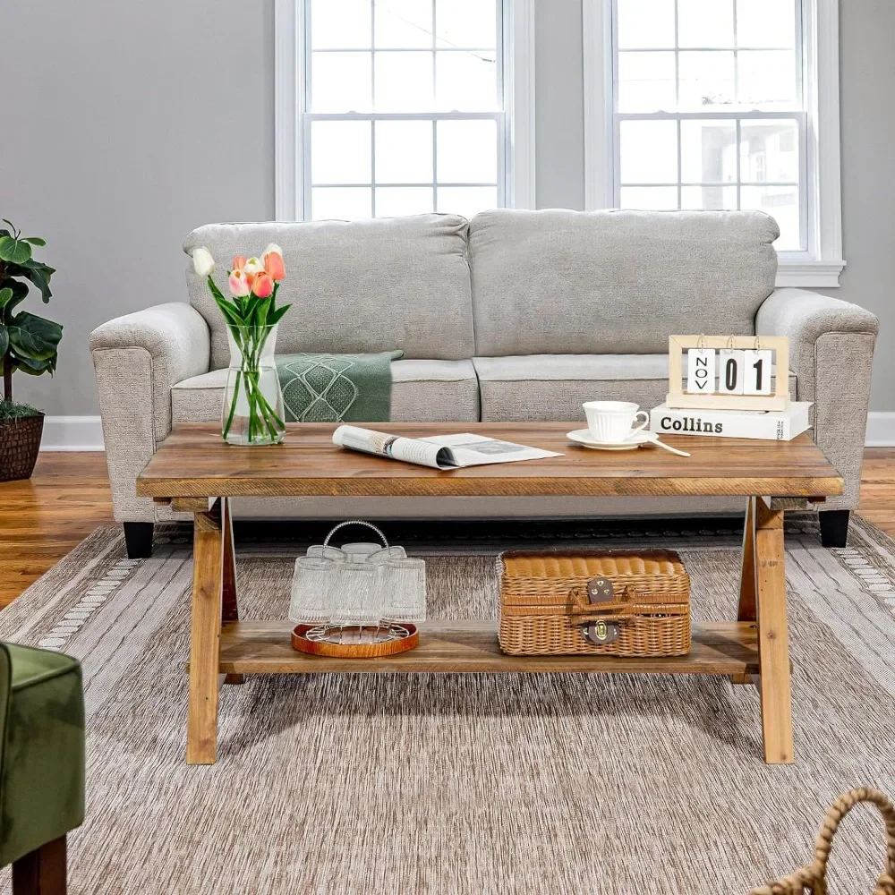 Natural Rustic Rectangular Coffee Tables with Storage Open Shelf, Chairs, Living Room Furniture