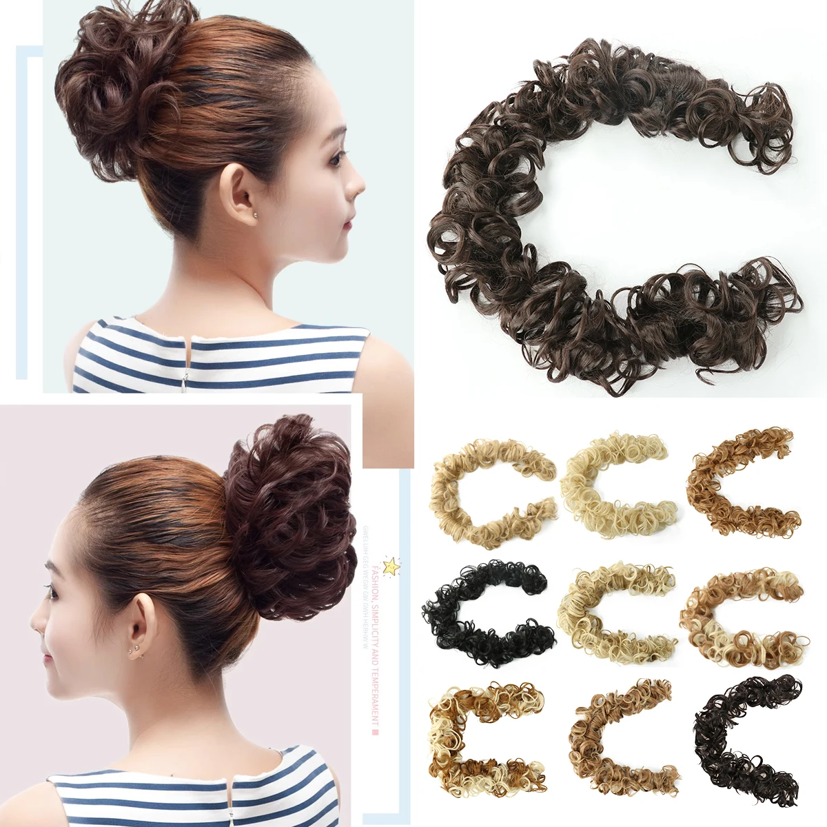Anel de cabelo fofo de flor para mulheres, Scrunchies sujas sintéticas, envoltório longo ao redor do cabelo, extensão do cabelo do gado