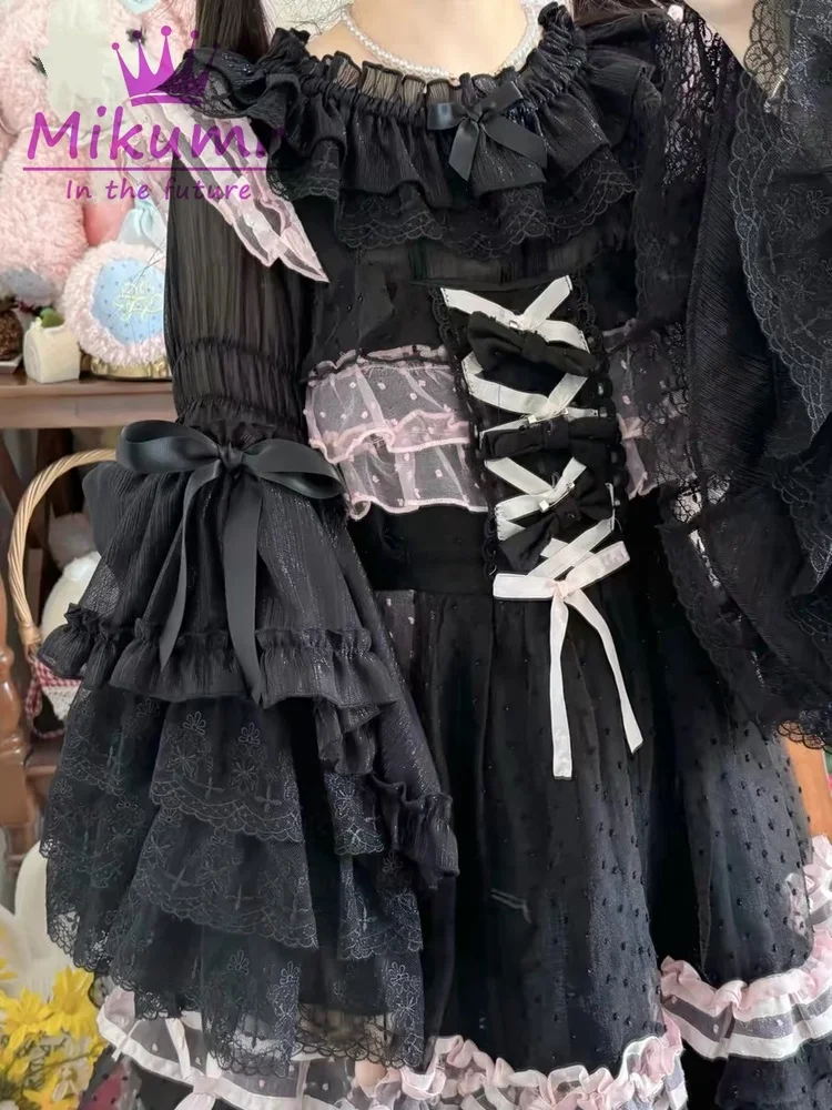 Mikumy เสื้อเบลาส์ฮาราจูกุสำหรับผู้หญิง, เสื้อเบลาส์แขนบานมีระบายมีโบว์ลูกไม้น่ารักสไตล์ญี่ปุ่นสำหรับ Y2k