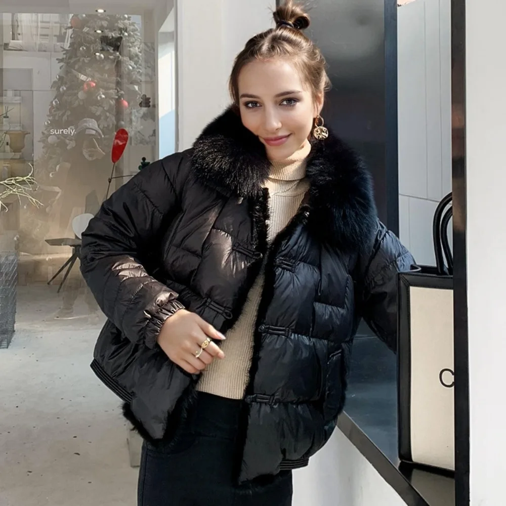 Vintage real jaqueta de pele de raposa solta pato branco para baixo jaqueta senhoras inverno curto quente puffer casaco feminino parka outerwear