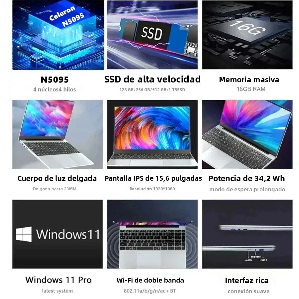 CARBAYTA 15,6 "ordenador portátil Intel Celeron N5095 Notebook PC 16 32G Ram 128GB-2TB SSD Oficina estudio PC Windows 11 1080P portátiles