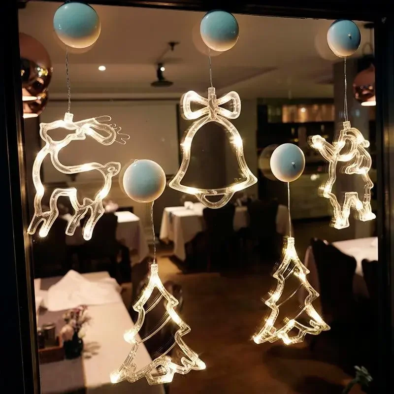 Luz LED navideña, copo de nieve, Papá Noel, adornos colgantes para ventana con pilas, decoración para el hogar, Navidad, decoración de Año Nuevo