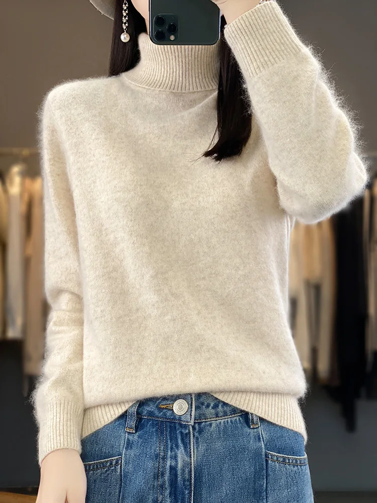 100% Mink Cashmereเสื้อกันหนาวผู้หญิงBasic BottomingหญิงPulloverแขนยาวใหม่เสื้อถักเสื้อเปิดลงปกฤดูใบไม้ร่วงฤดูหนาว