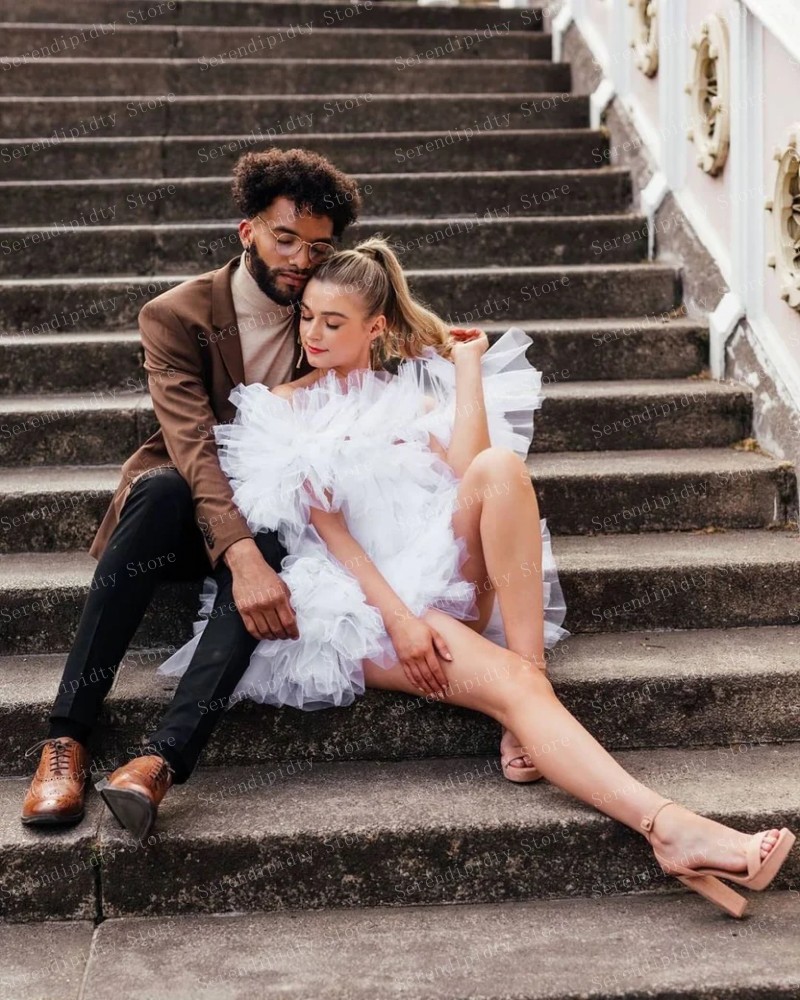 Mini vestido de baile com babados brancos fora do ombro para mulheres, vestido de festa Puffy em camadas, Vestidos de cocktail abertos,