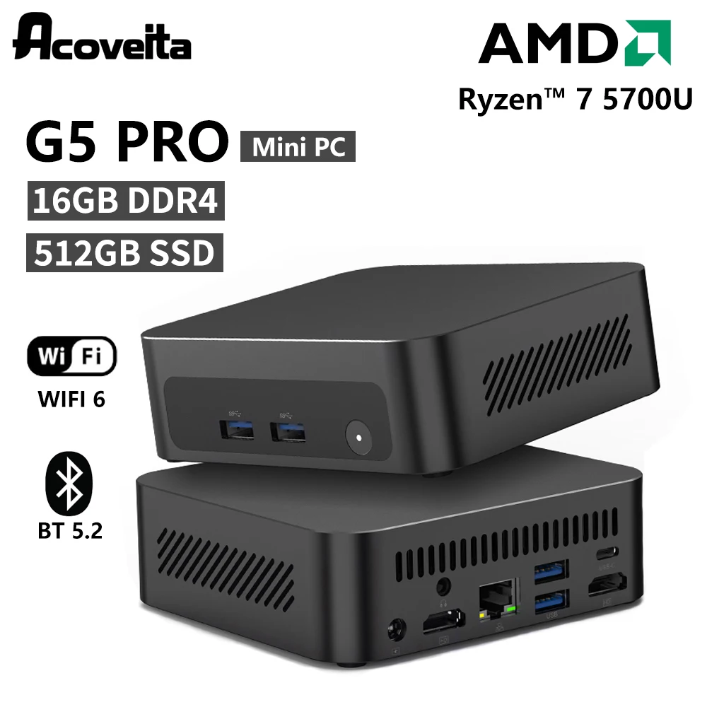 Acoveita G5 Pro Mini PC AMD Ryzen 7 5700U 16GB RAM 512GB SSD WiFi 6 BT5.2 Windows 11 Mini komputer biurkowy do gier i pracy Laptop